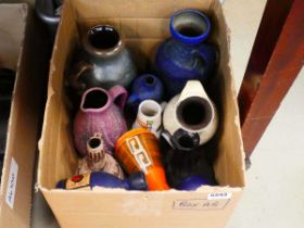 2 boxes containing studio pottery jugs and vases