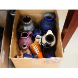 2 boxes containing studio pottery jugs and vases