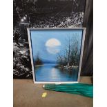 Modern oil on canvas of lake in the moonlight