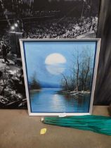 Modern oil on canvas of lake in the moonlight