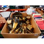 Box containing brassware incl. lamps, companion sets, ornamental cannons, ornaments and trays