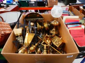 Box containing brassware incl. lamps, companion sets, ornamental cannons, ornaments and trays