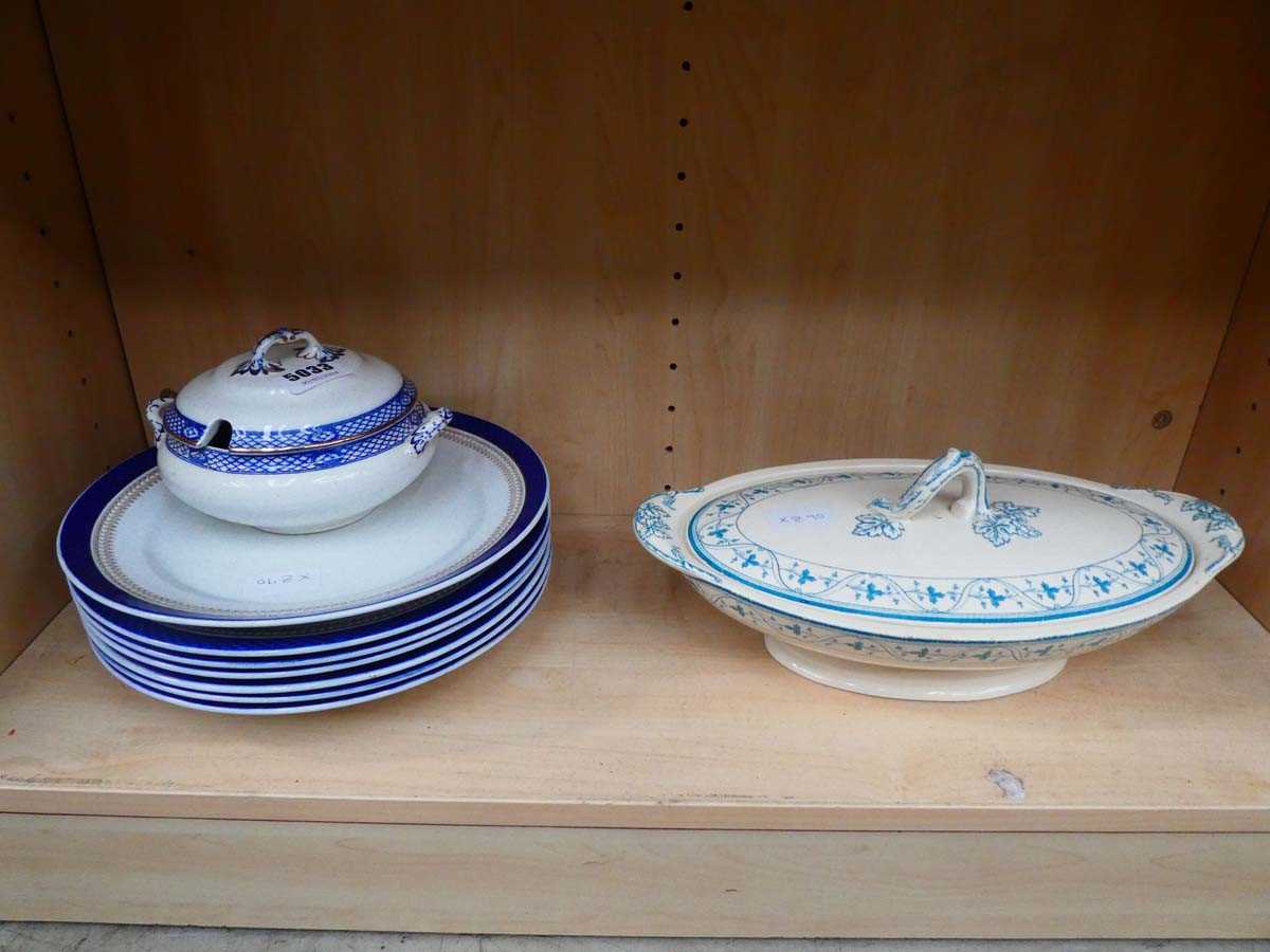 Quantity of blue rimmed Losol ware dinner plates plus 2 lidded tureens