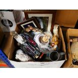 Box of ornamental figures inc. Madonna and Child, Chinese sage and others plus prints, glassware and