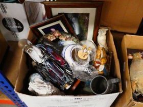 Box of ornamental figures inc. Madonna and Child, Chinese sage and others plus prints, glassware and
