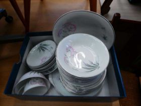 Box containing a quantity of floral and leaf patterned Shelley crockery