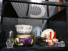 Cage containing ornamental cannon, Kutani vases plus floral patterned fruit bowls and sugar shaker