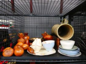 Cage of treen inc. ornamental feet, tobacco jar plus studio pottery and other china