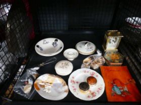 Cage of pillboxes, bone napkin rings, 2 Beatles dishes, Wade whimsies and quartz clock