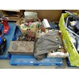 Pallet of assorted items including chain block, nails, sand paper, etc