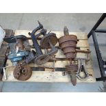 Pallet of assorted engineering items inc. 3-jaw chuck, pair of machine steadies and other items