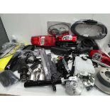 +VAT Box of car spares including cross rods, window mechanism, water bottle, light housing, Chrome