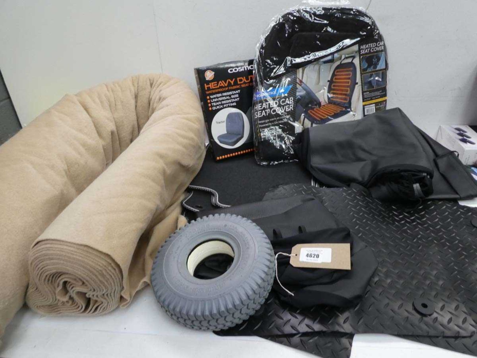 +VAT Car seat covers & Heated seat cover, car mats, spare wheelbarrow wheel and roll of sound
