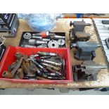 +VAT 4 lathe machine tail stocks and 2 trays of various large drill bits, reamers, and machine