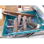 Box containing wooden clamps and G clamps