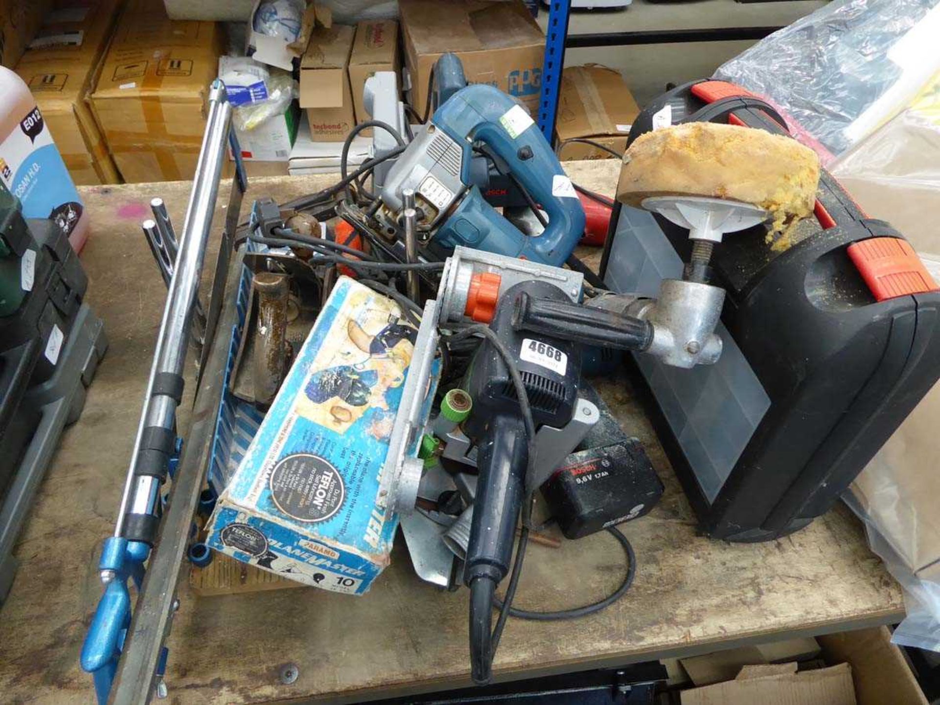 Large quantity of assorted tools including router, Bosch drill, jigsaw, circular saw and various