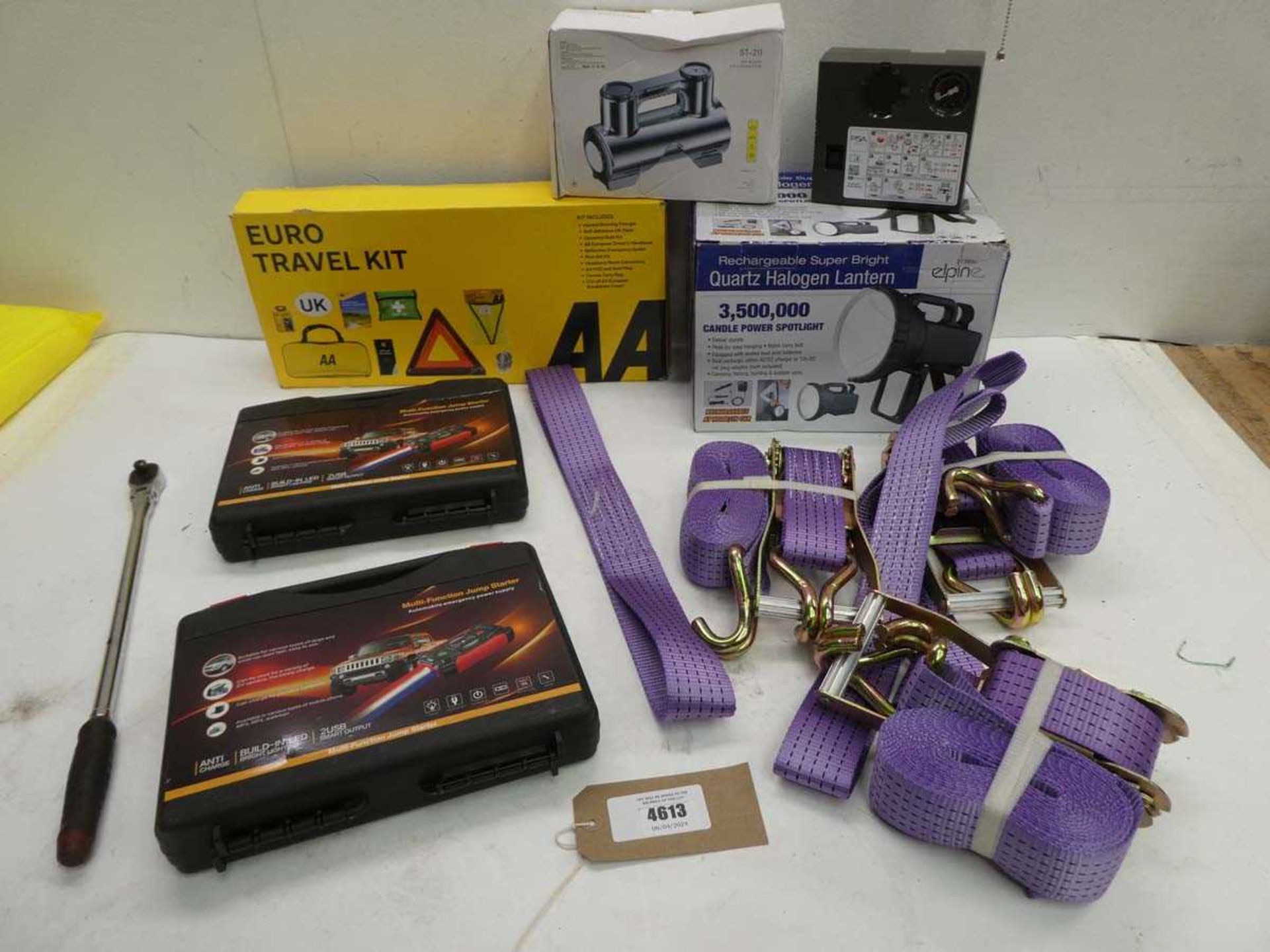 +VAT Euro travel kit, jump starter kits, air compressor, ratchet straps and Quartz Halogen lantern