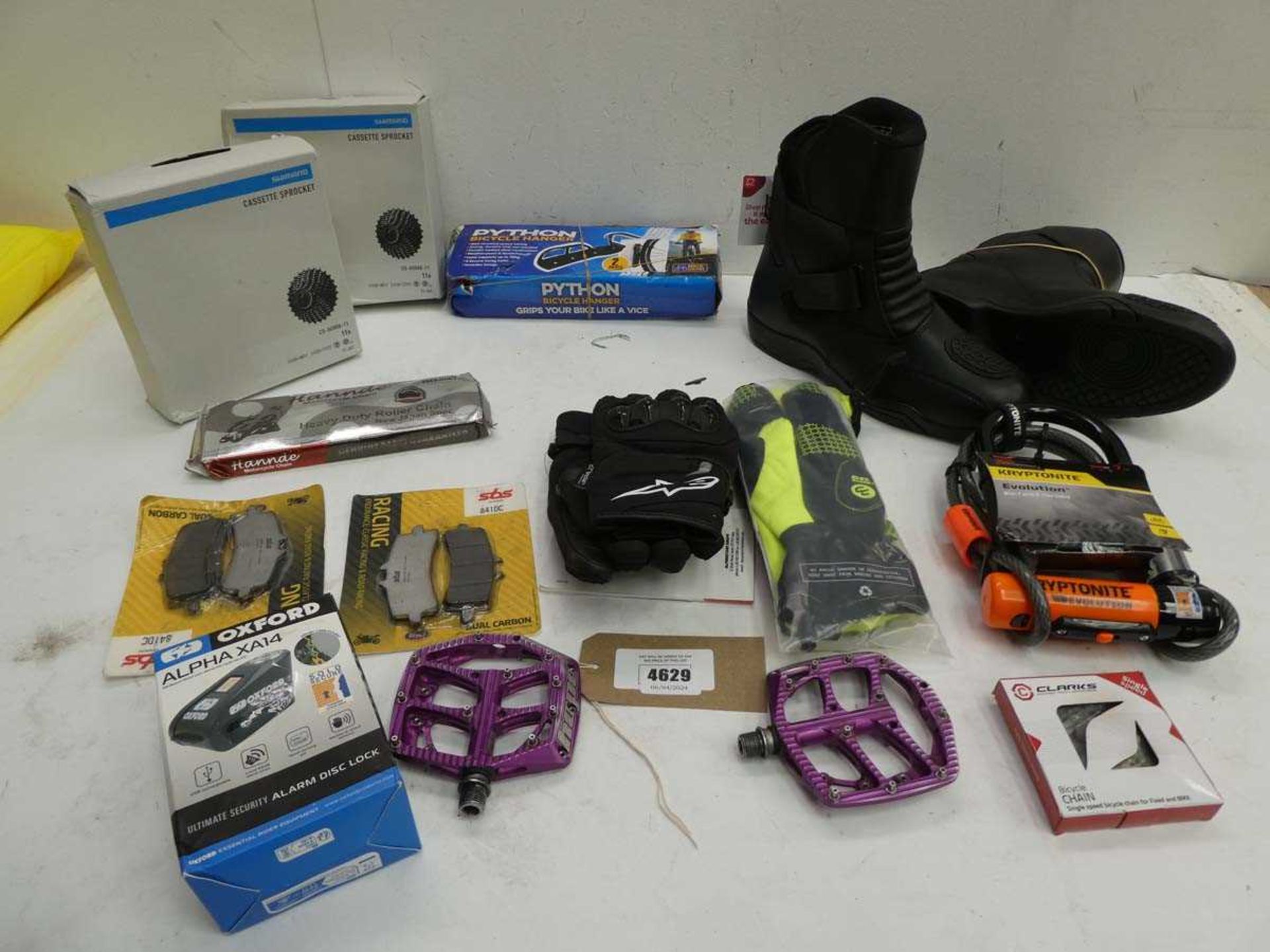 +VAT Motorcycle & bicycle spares including pedals, Oxford & Kryptonite locks, chains, brake pads,