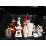 Cage containing Meissen sytle figures plus other china, brass oil lamp, wash stand, jug and bowl and