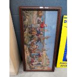 Framed and glazed wall tapestry - fisher folk on the beach