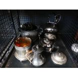 Cage containing spirit kettle, plus silver-plated teapots and vases