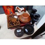 Quantity of treen and poker work to include book shaped box, various pots, and cutlery case