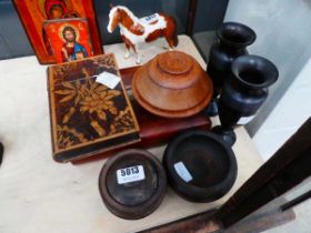 Quantity of treen and poker work to include book shaped box, various pots, and cutlery case