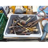 Box of small tools inc. chisels, crowbars, hammers, blow lamps etc.