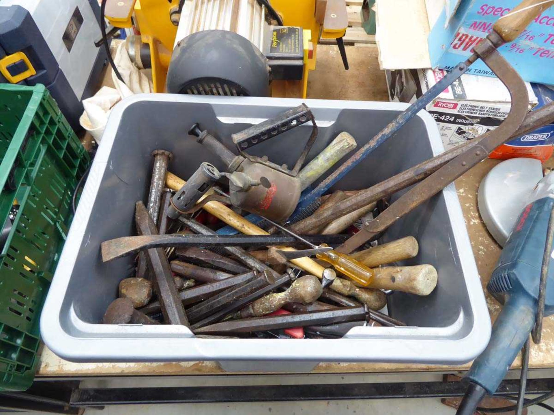 Box of small tools inc. chisels, crowbars, hammers, blow lamps etc.