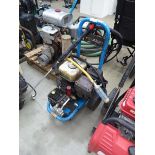 Blue petrol powered pressure washer with hose and lance