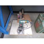 Double ended bench grinder, and Bosch drill on stand