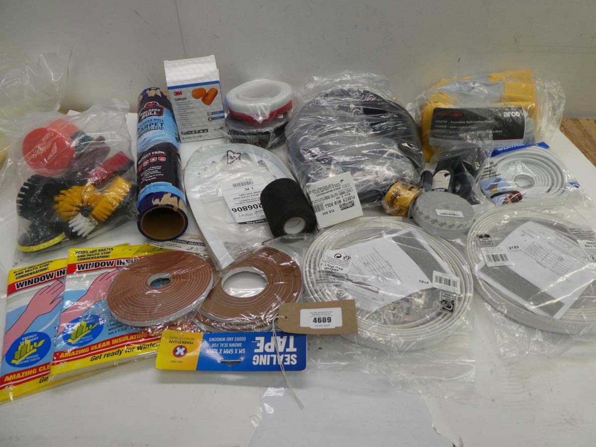 +VAT Work gloves, carpet protector, ear buds, window insulation kits, curtain rails, adhesive tapes,
