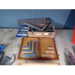 Box containing angle squares, mortice bits, measuring gauges etc.