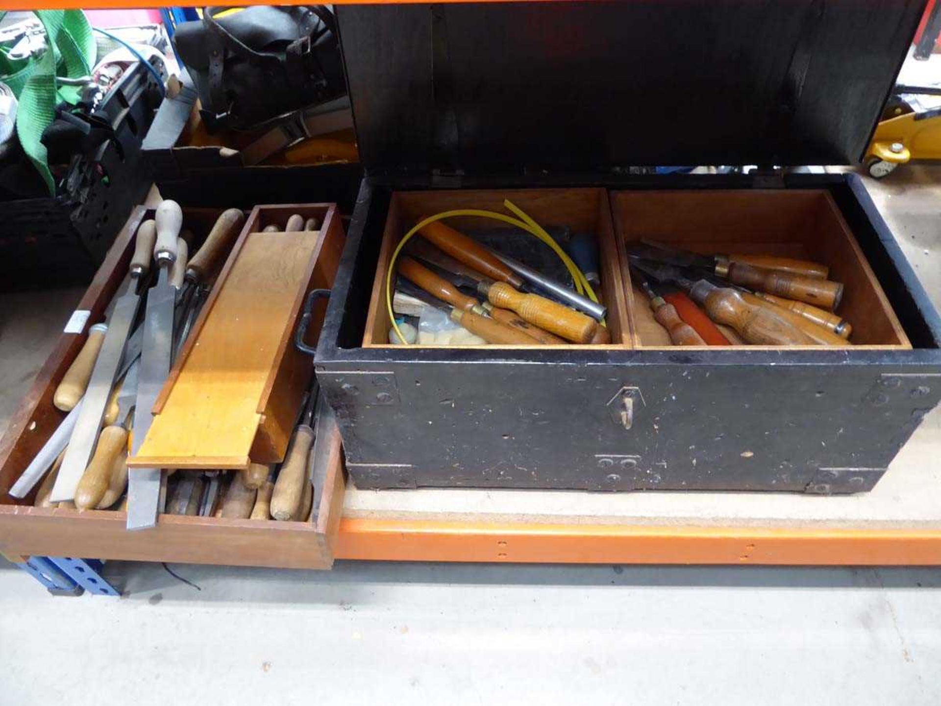 Large toolbox of assorted woodworking tools and drawer of files