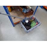 Box containing assortment of items inc. barrel pump, saw blades, straps, oil cans etc.