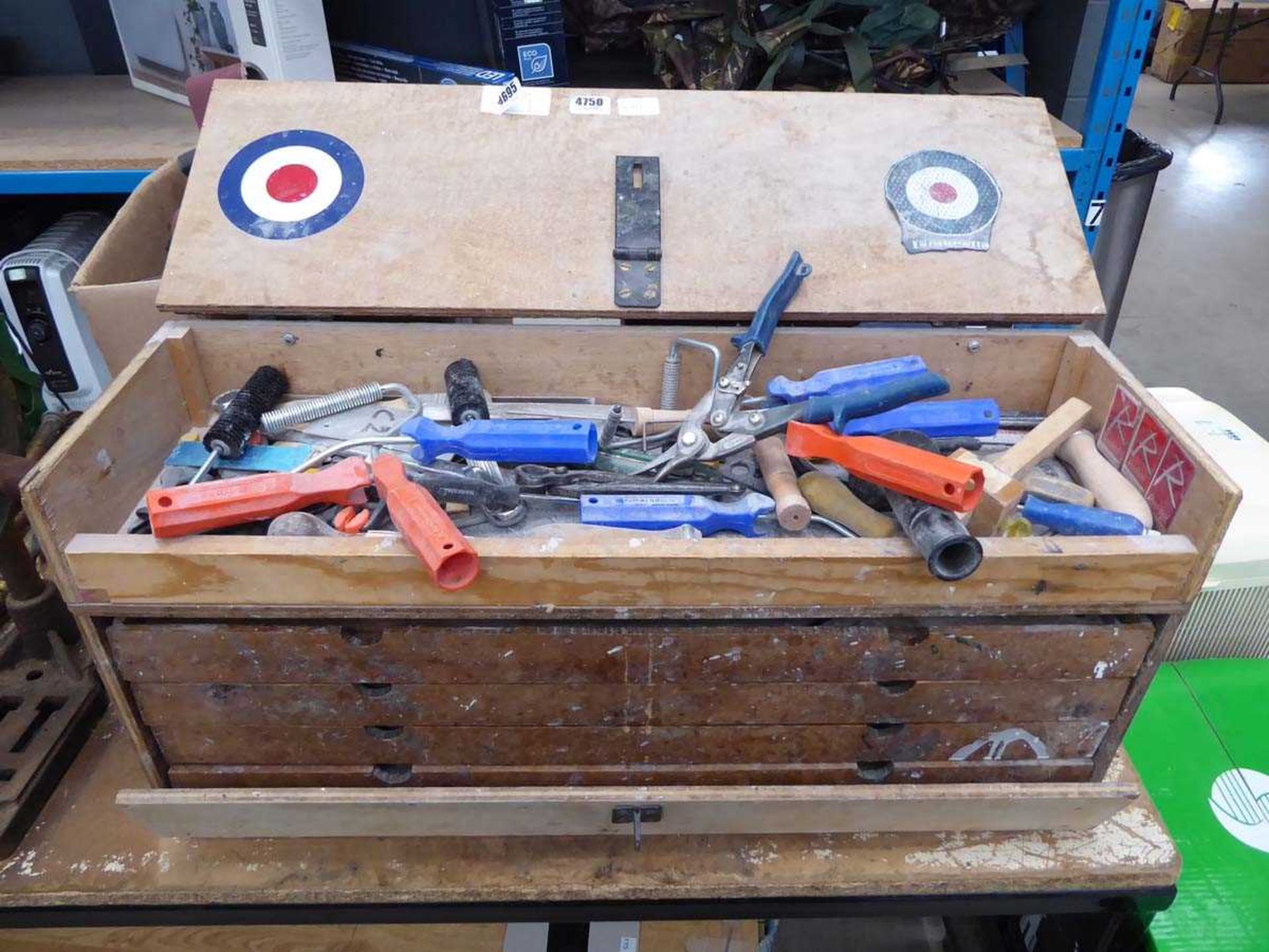 +VAT Carpenters type tool chest with tooling; brushes, rollers, snips, spanners etc
