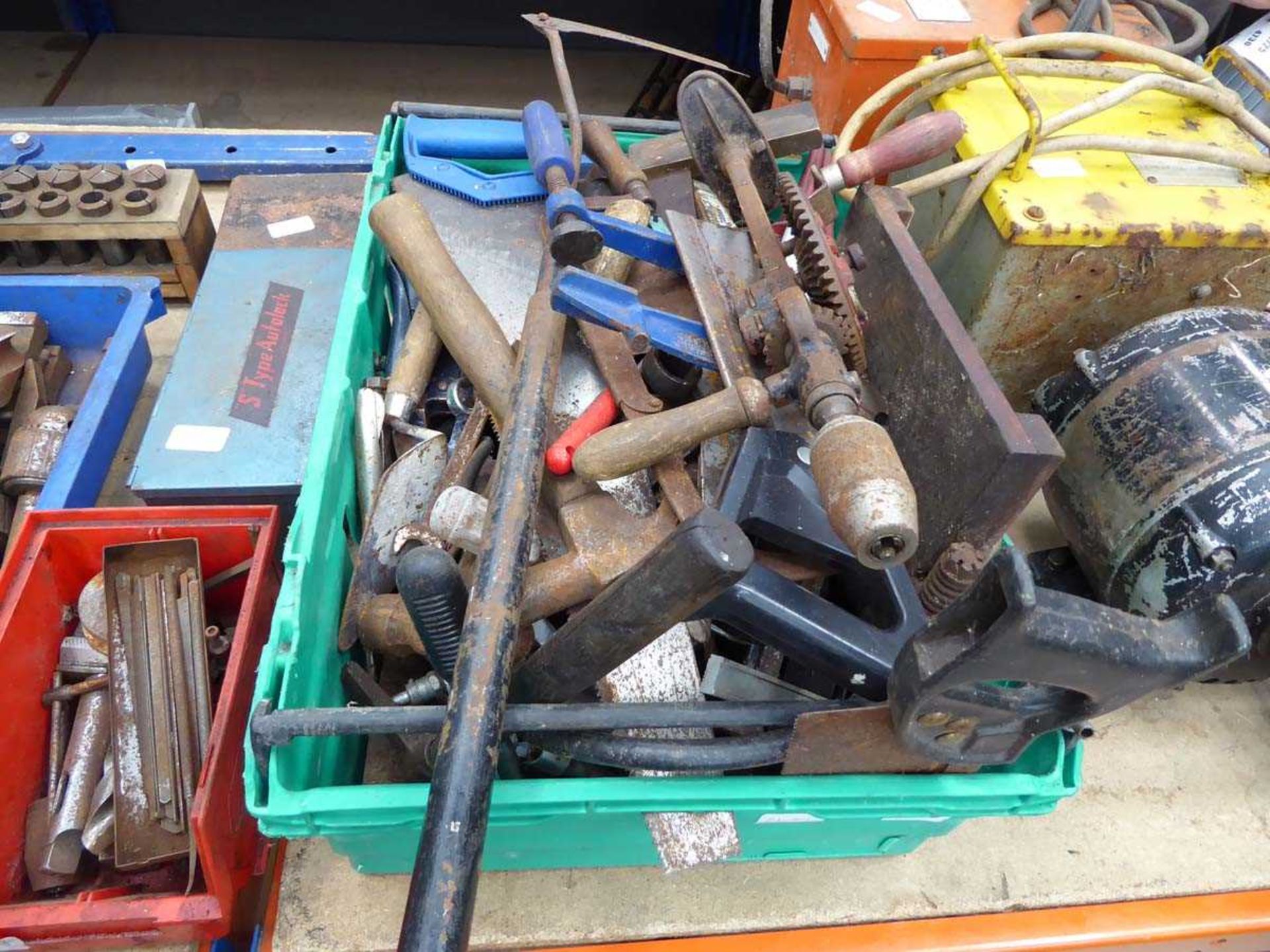 Box of assorted tools inc. saws, drill, spanner etc