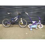 Small blue and white child's Carrera bike and small pink bike with stabilisers