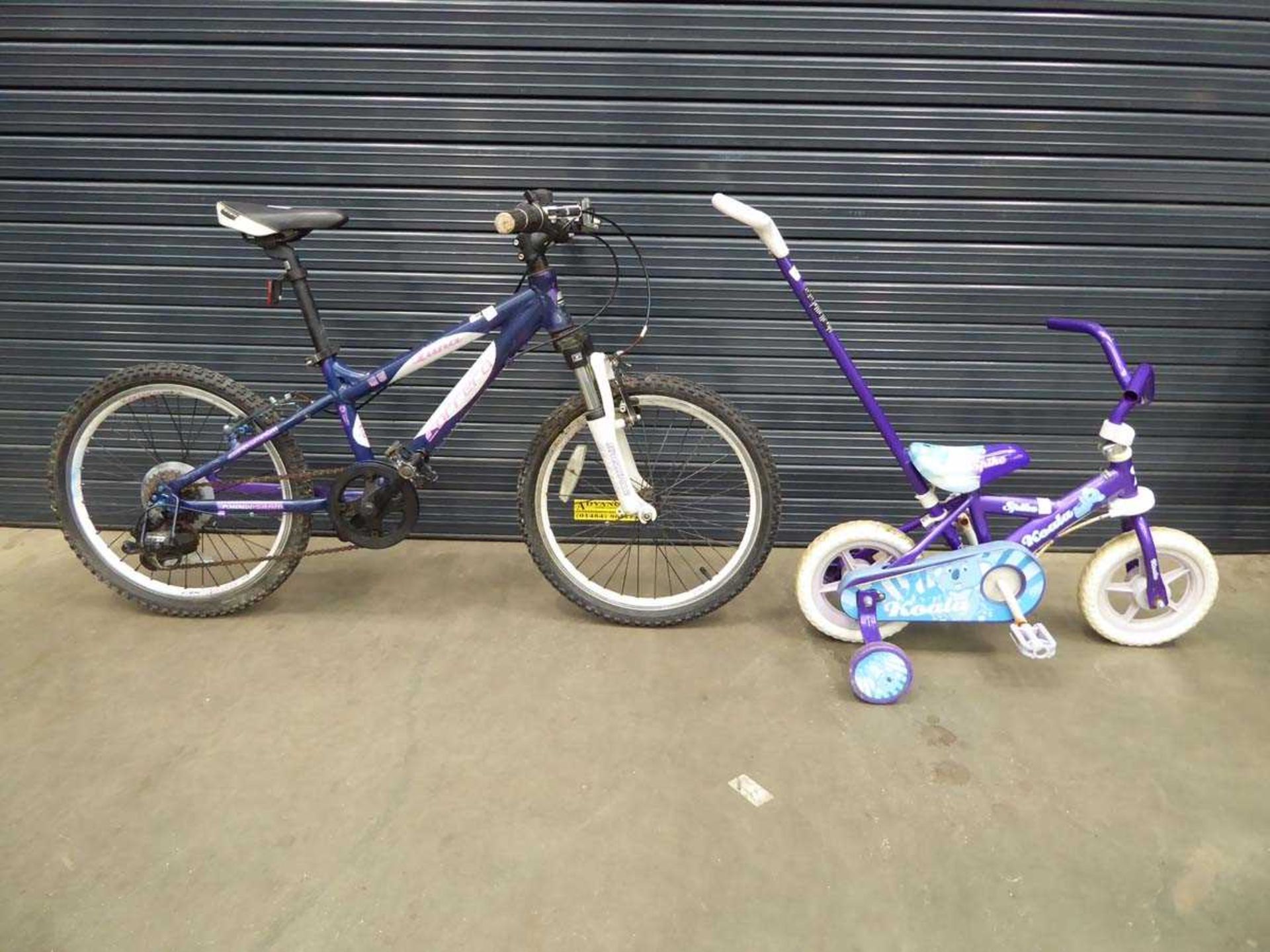 Small blue and white child's Carrera bike and small pink bike with stabilisers