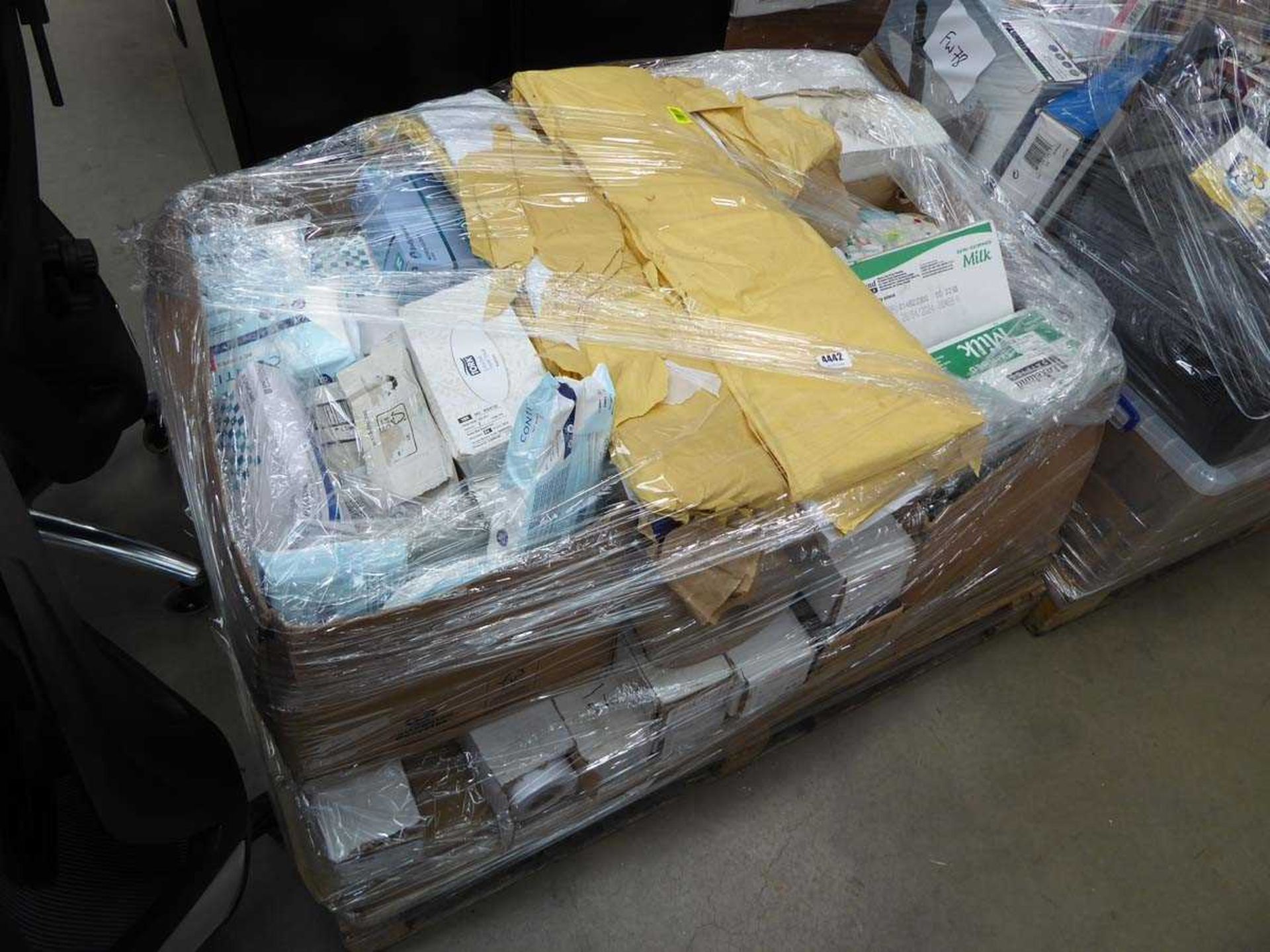 Pallet of cleansing wipes, facial tissues, cloths, tea etc