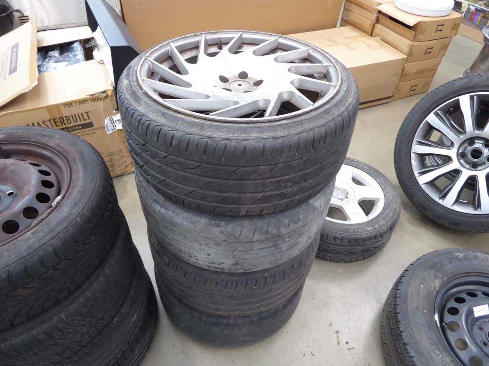 4 alloy wheels and 4 used tyres, 2 bald, 2 part worn, size 2353519