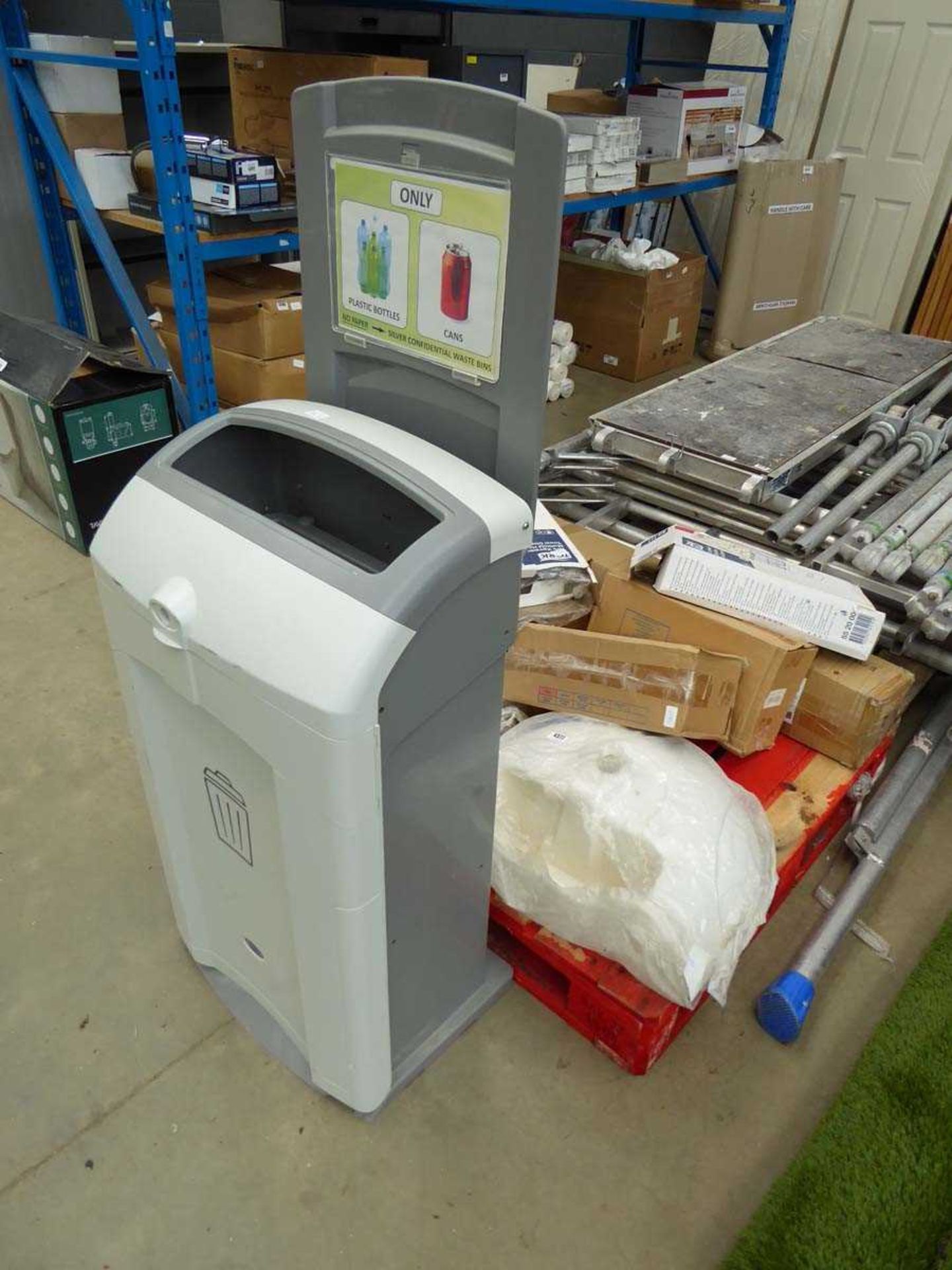 Pallet of bathroom items inc. sinks, towel dispensers, waste bin etc.