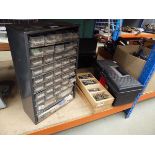 Small metal screw assortment box, plastic box containing spanners, and 2 drawers of fixings