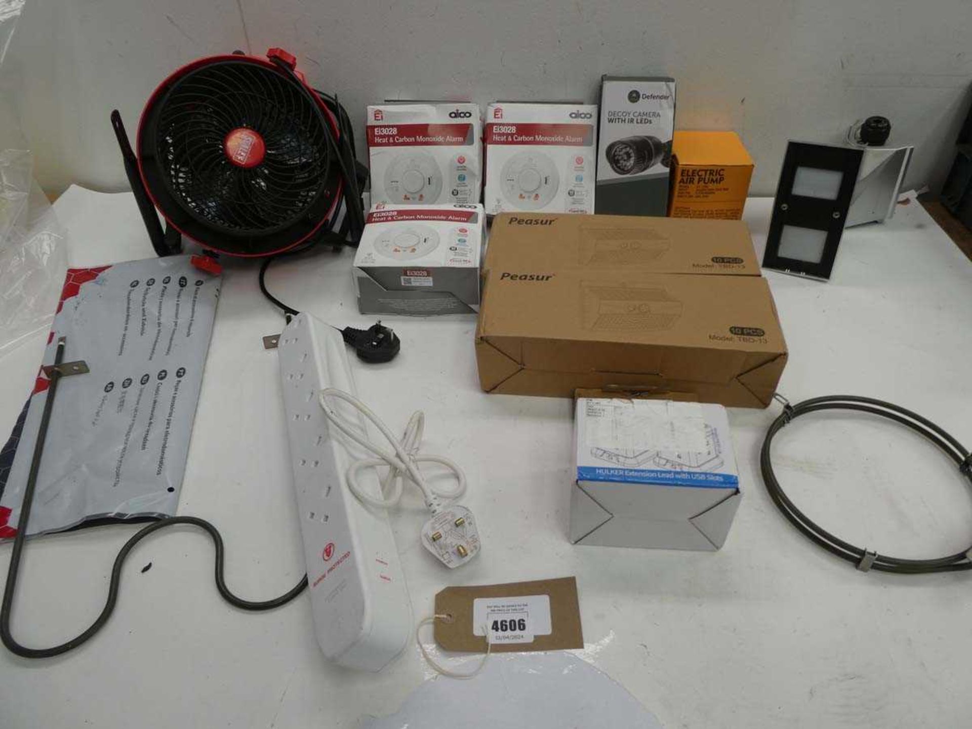 +VAT Sealey fan heater, Heat & carbon monoxide alarms, Decoy camera, air pump, solar wall lights,