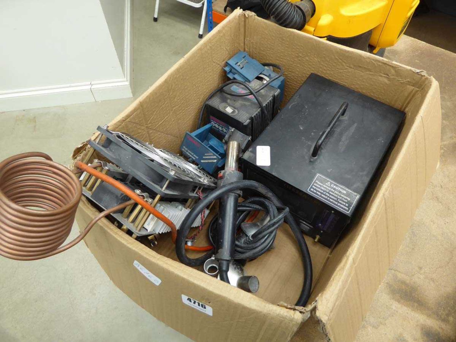 Box of Ferrex sharpener, fan motors and other items