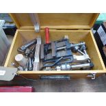 Wooden box containing machine vice, chucks, lathe parts etc.