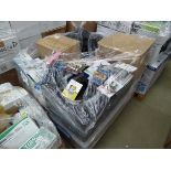 Pallet of assorted items inc. walkie talkies, laptop bags, DVD's, paper cutters etc