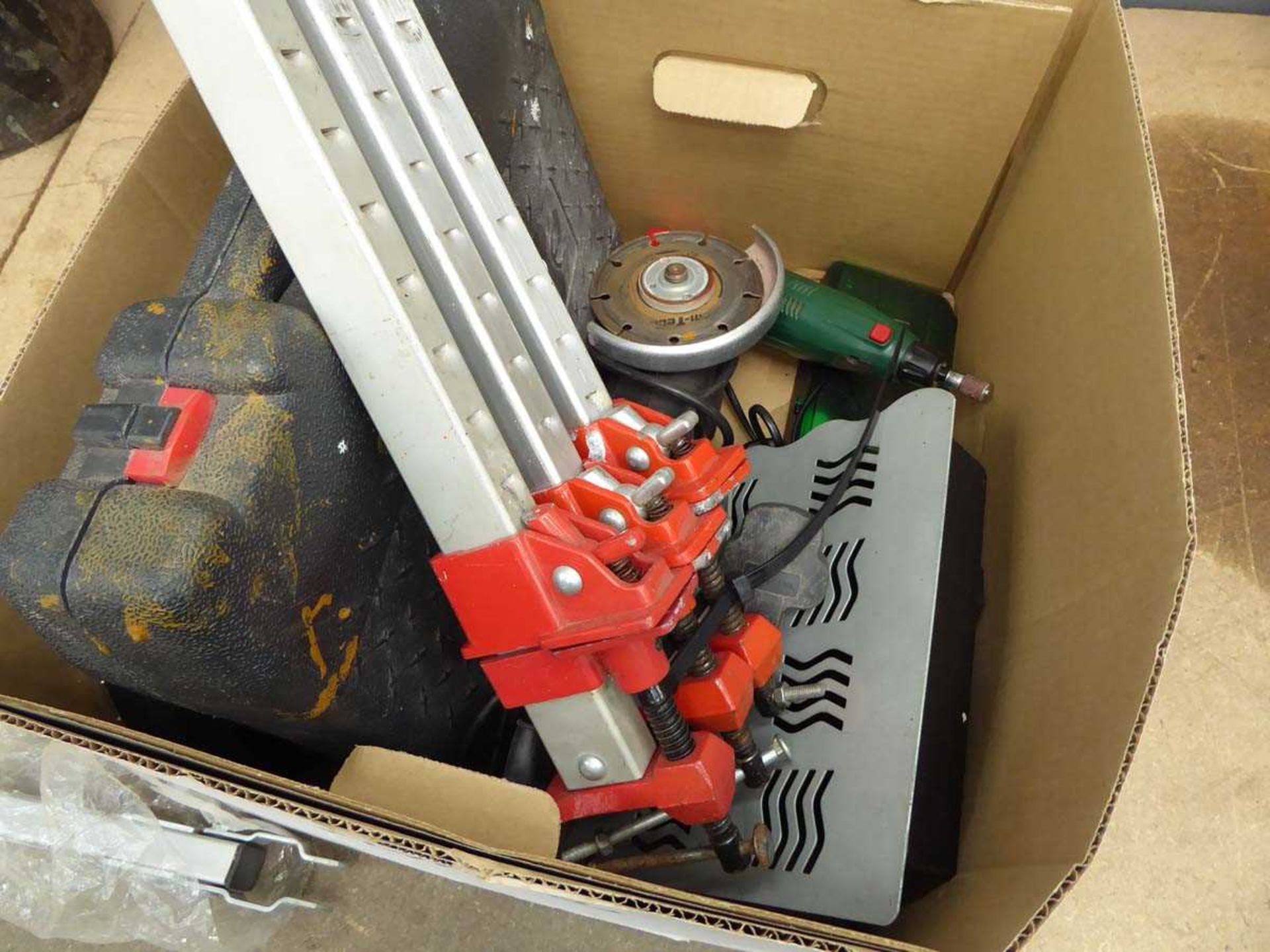 Box of clamps, 3 1/2" angle grinder, mini toolkit etc - Image 2 of 2