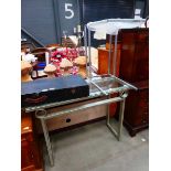 Metal and glazed console table plus a side table