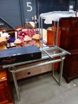 Metal and glazed console table plus a side table